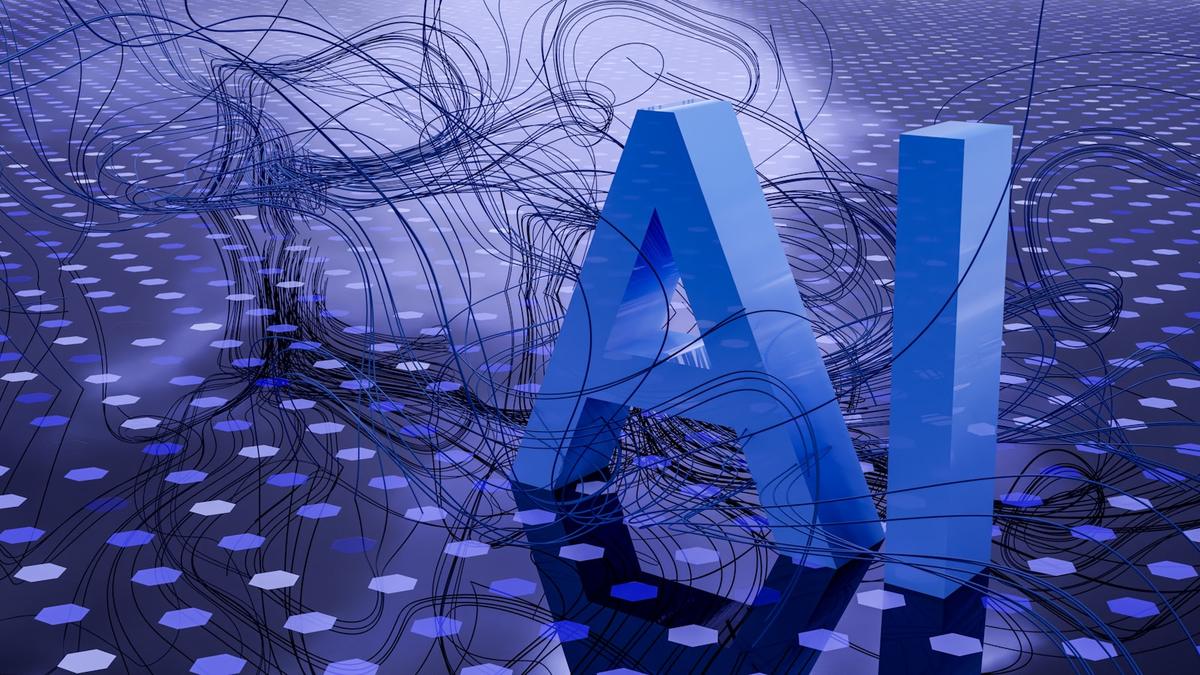 Letras AI en tres dimensiones sobre un fondo azul con circuitos, representando los motores de búsqueda con inteligencia artificial