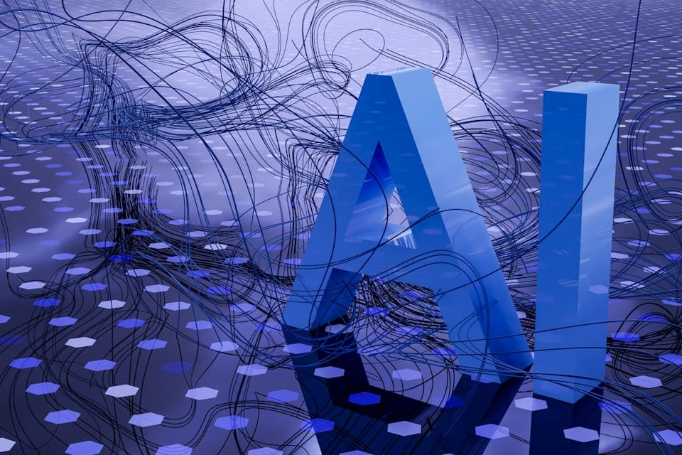 Letras AI en tres dimensiones sobre una red de conexiones azules