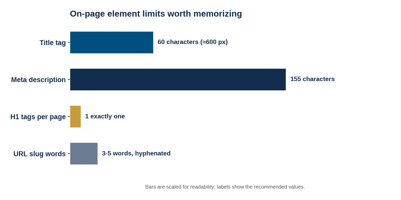 Bar chart of on-page element limits: title tag around 60 characters, meta description around 155 characters, one H1 per page, and 3 to 5 words per URL slug