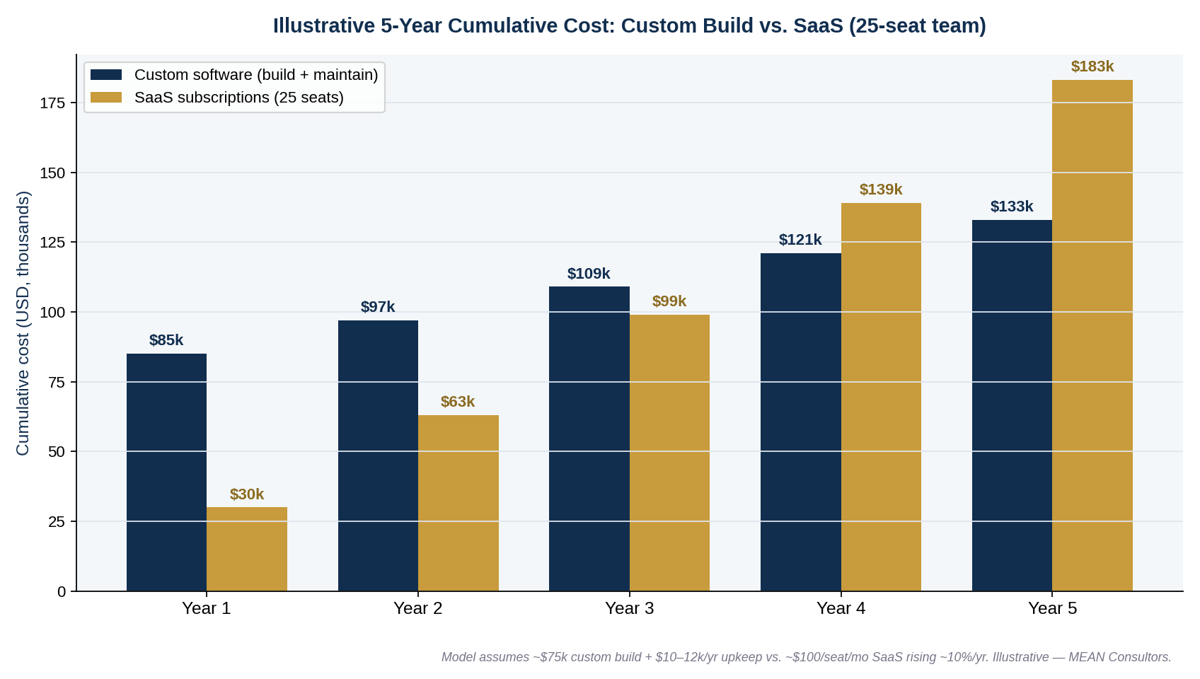 Bar chart of 5-year cumulative cost custom software vs SaaS subscriptions for a 25-seat team