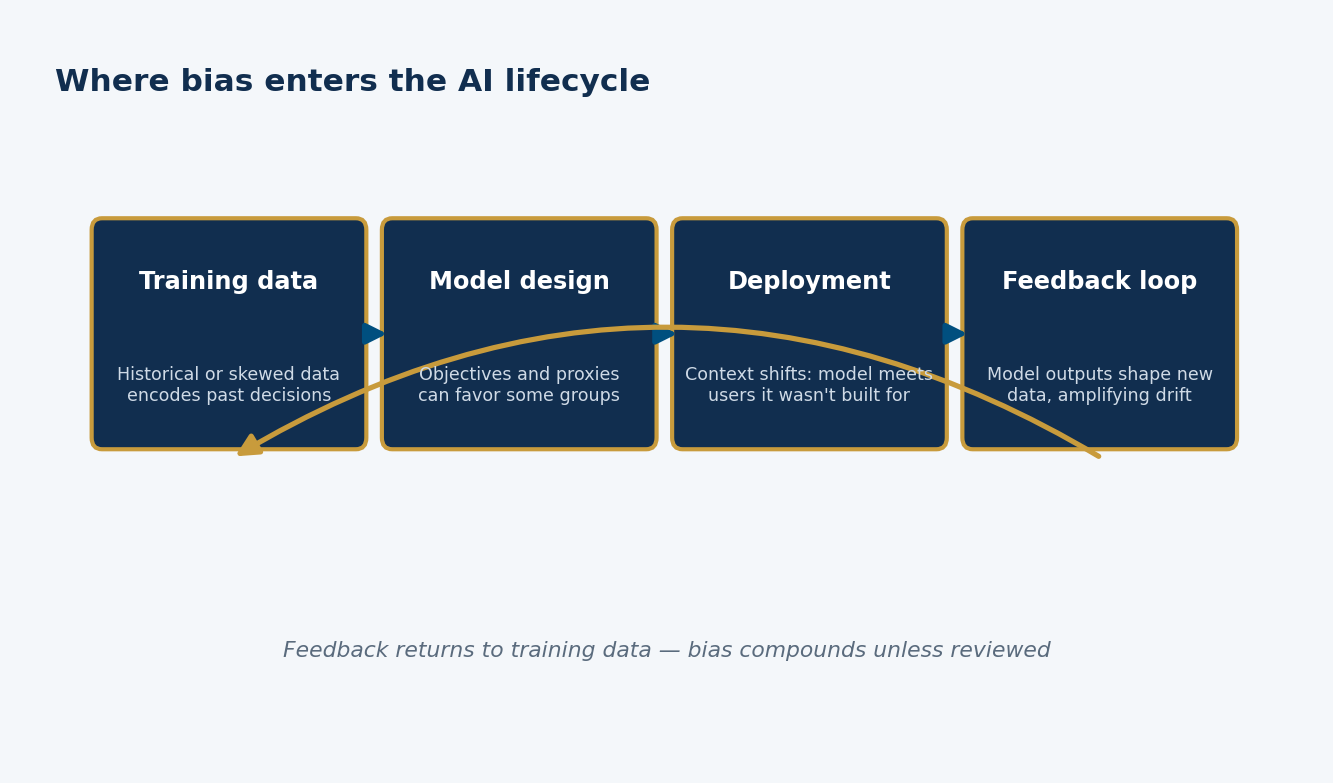 Diagram showing where bias enters the AI lifecycle: training data, model design, deployment, and the feedback loop that returns model outputs to training data