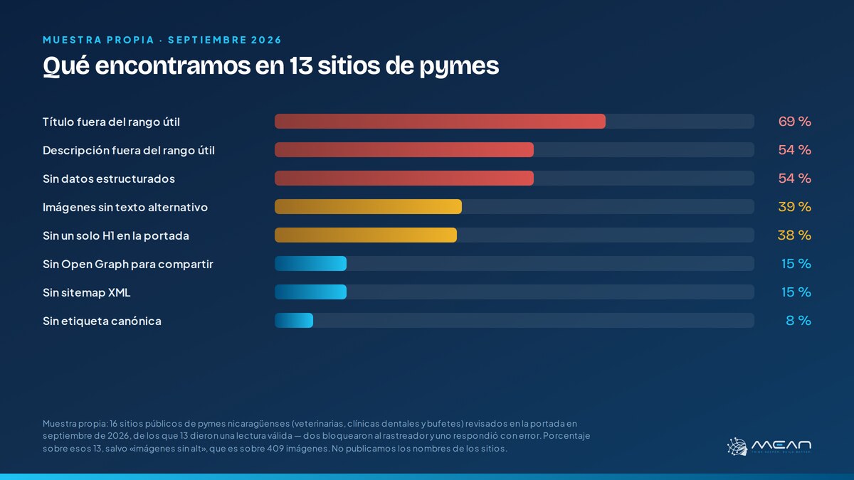 Gráfico con los hallazgos de una auditoría SEO en 13 sitios de pymes de Nicaragua